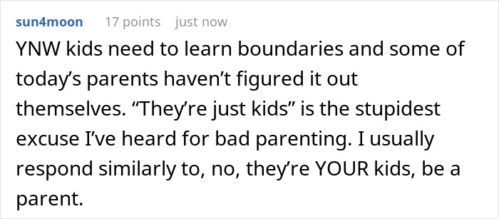 Comment discussing boundaries needed for kids and criticizing parenting in response to son climbing fence complaints. Comment discussing boundaries needed for kids and criticizing parenting in response to son climbing fence complaints.