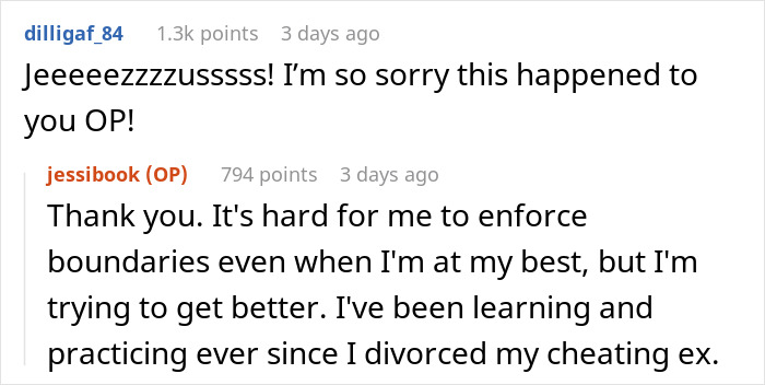 Screenshot of a Reddit conversation about a woman who lets a friend stay during surgery recovery and faces a messy house and long car trip.