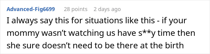 Comment discussing pregnant woman not wanting fianc&eacute;&rsquo;s mom in delivery room, highlighting need to compromise.