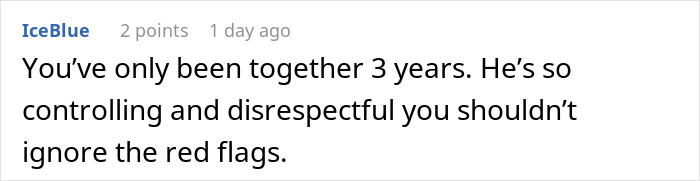 Screenshot of a comment about a man showing his true colors after assuming fiancée is pregnant, highlighting controlling behavior. Screenshot of a comment about a man showing his true colors after assuming fiancée is pregnant, highlighting controlling behavior.