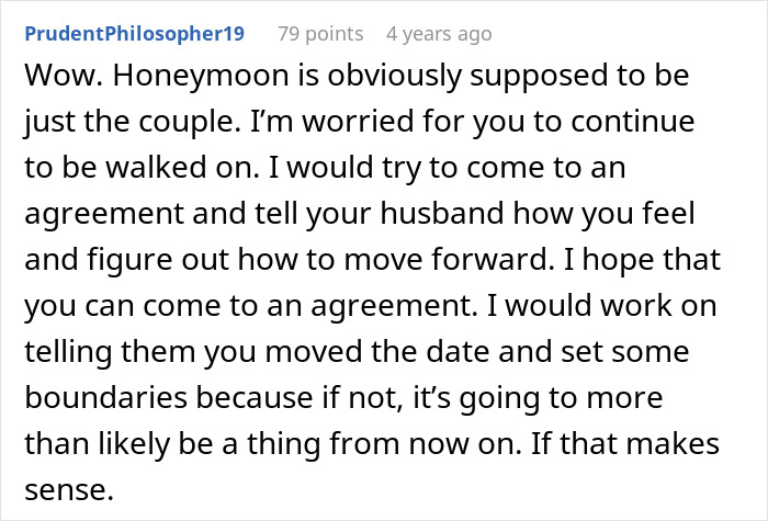 Comment discussing concerns about husband and parents coming on honeymoon, emphasizing setting boundaries and communication.