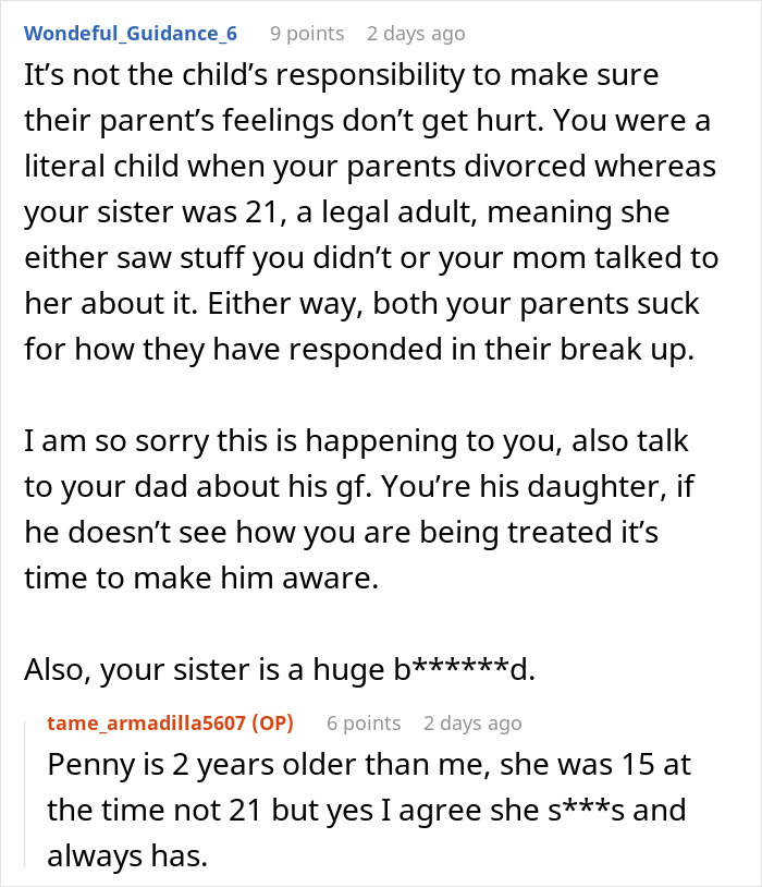 Alt text: Mom blames her daughter for picking dad in the divorce and refuses to involve her in her life discussion. Alt text: Mom blames her daughter for picking dad in the divorce and refuses to involve her in her life discussion.