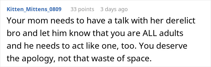 Comment on a forum post about a bald and divorced man shaming his nephew for long hair and cooking for his girlfriend. Comment on a forum post about a bald and divorced man shaming his nephew for long hair and cooking for his girlfriend.