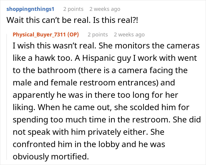 Screenshot of a forum discussion about a bullied employee nitpicked by her boss, highlighting ethnicity-related workplace conflict.