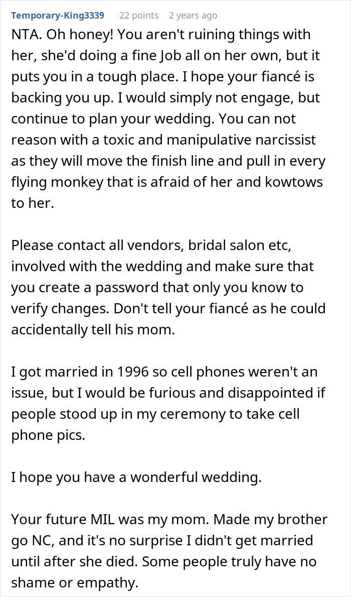 Commenter advises bride on handling a manipulative MIL trying to hijack wedding venue and dress plans with firm boundaries.