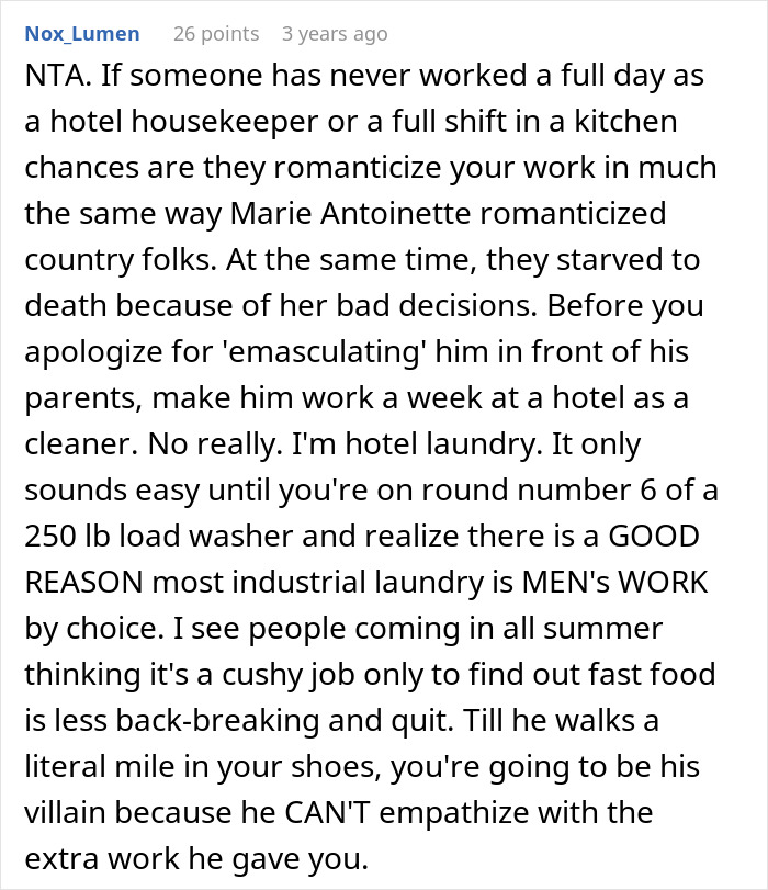 Comment discussing gender roles and work challenges, responding to a husband throwing a tantrum after wife refuses demands. Comment discussing gender roles and work challenges, responding to a husband throwing a tantrum after wife refuses demands.