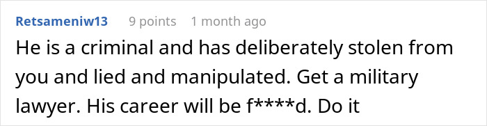 Comment advising to get a military lawyer after husband blames SAHM wife for financial problems and divorce follows