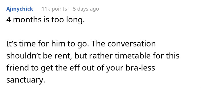 Comment discussing frustration about a husband staying too long in a bra-less home sanctuary.