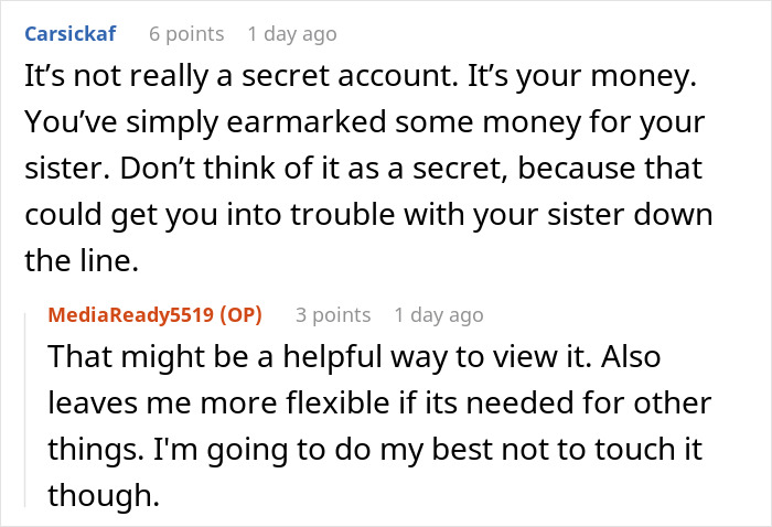 Woman worried about sister who became a tradwife discussing secret fund for her in an online forum conversation. Woman worried about sister who became a tradwife discussing secret fund for her in an online forum conversation.