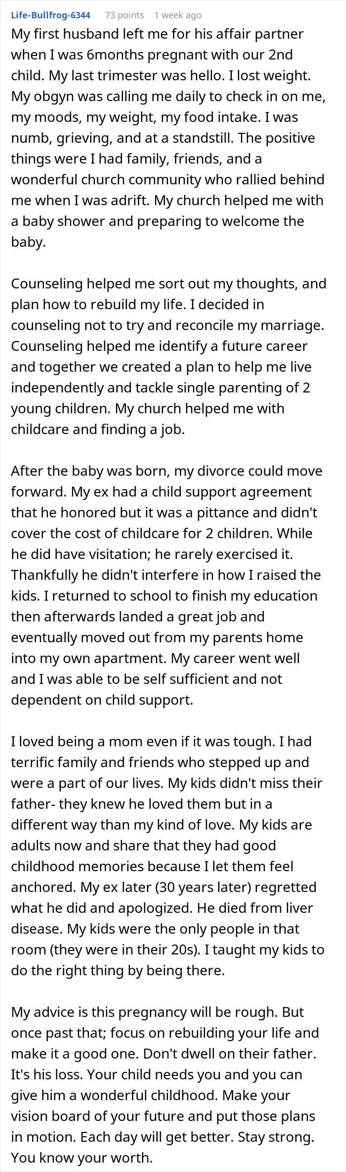 Screenshot of text about a bipolar guy dumping his pregnant wife and her worries about co-parenting and rebuilding life. Screenshot of text about a bipolar guy dumping his pregnant wife and her worries about co-parenting and rebuilding life.