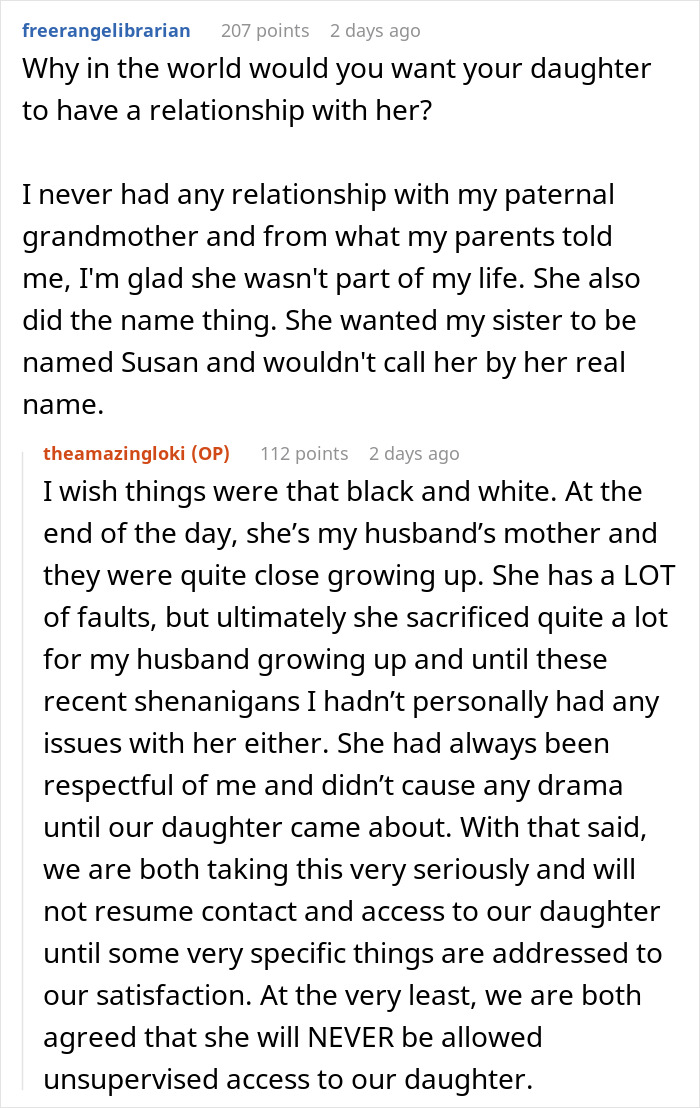 Screenshot of a forum discussion about mil refusing baby name and restricting unsupervised access to daughter.