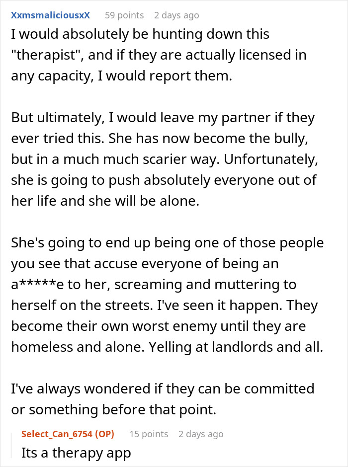 Comment discussing the fiancée’s obsession with her bully causing relationship issues and social isolation risks. Comment discussing the fiancée’s obsession with her bully causing relationship issues and social isolation risks.