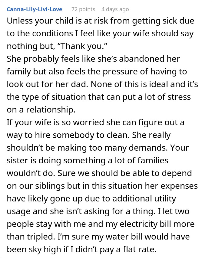 Commenter discusses stress from woman complaining about her sister-in-law despite free housing, causing tension with hubby.