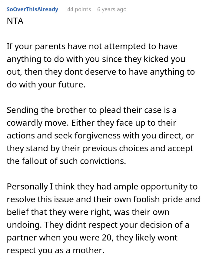 Text comment discussing a woman refusing to let parents see her baby due to unresolved issues from 15 years ago. Text comment discussing a woman refusing to let parents see her baby due to unresolved issues from 15 years ago.