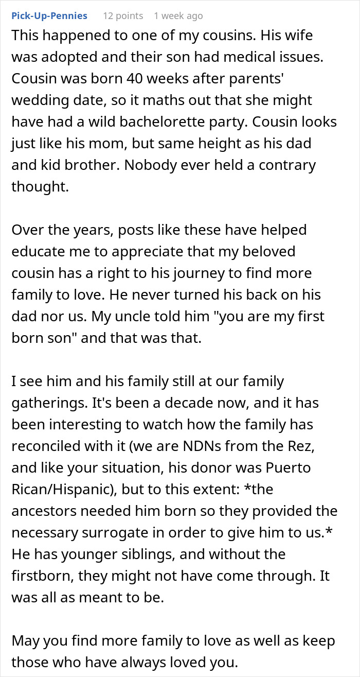 Man reads surprising ancestry test results revealing secret family connections after wife's encouragement for the test.