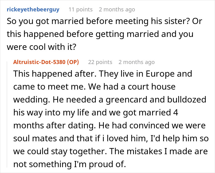 Reddit conversation showing a woman discussing proving husband's family as lying snobs with a simple switch.