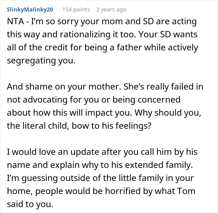 Reddit comment criticizing mom and stepdad for ignoring teen and questioning stepdad’s role as a father figure. Reddit comment criticizing mom and stepdad for ignoring teen and questioning stepdad’s role as a father figure.