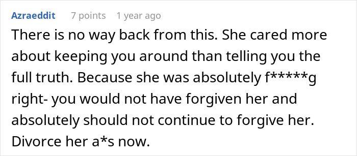 Reddit comment discussing a man discovering his wife’s cheating wasn’t just one drunken night, urging divorce advice.