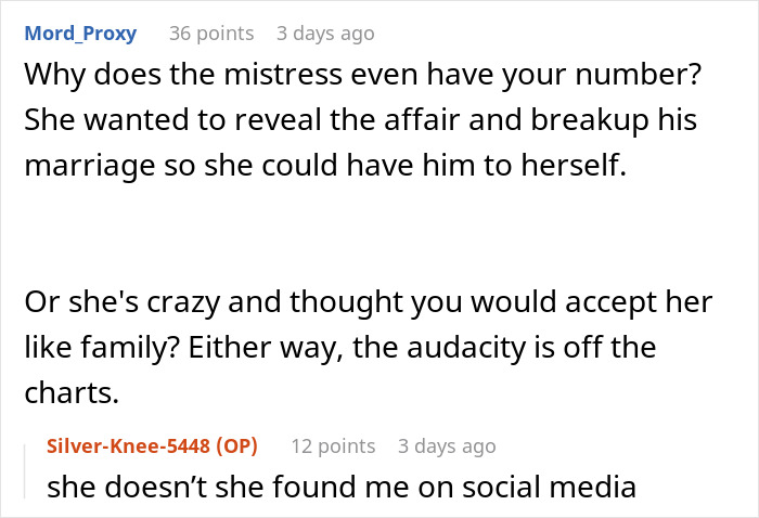Screenshot of a social media conversation discussing a dad’s mistress texting his adult daughter revealing affair proof. Screenshot of a social media conversation discussing a dad’s mistress texting his adult daughter revealing affair proof.