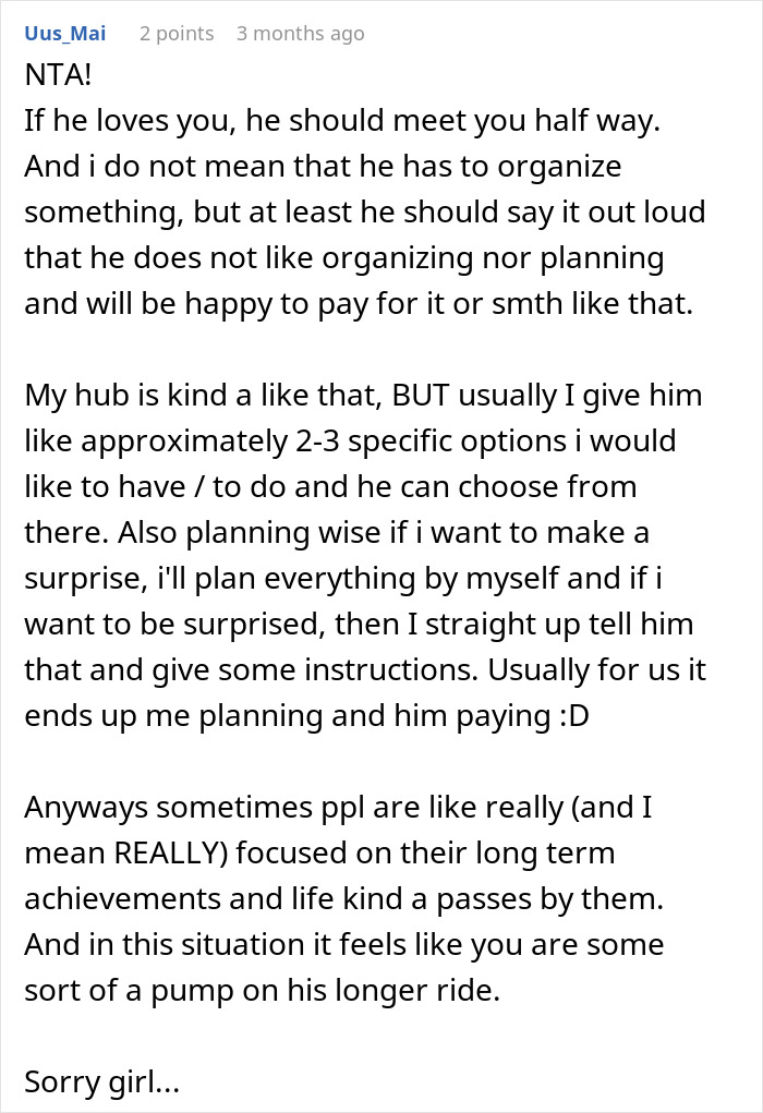 Text post discussing relationship dynamics and how a woman matches relationship energy with her boyfriend in planning and effort. Text post discussing relationship dynamics and how a woman matches relationship energy with her boyfriend in planning and effort.