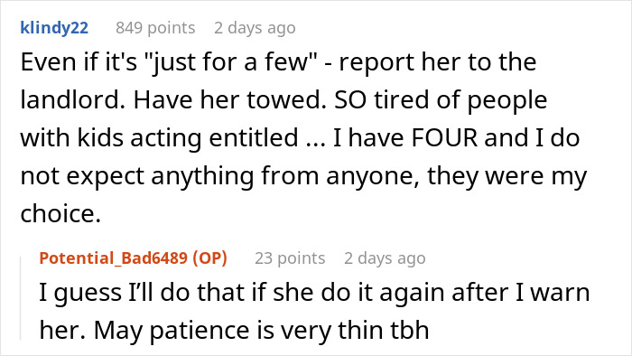 Online forum conversation about new neighbor hijacking a person’s parking place despite refusal to switch spots. Online forum conversation about new neighbor hijacking a person’s parking place despite refusal to switch spots.