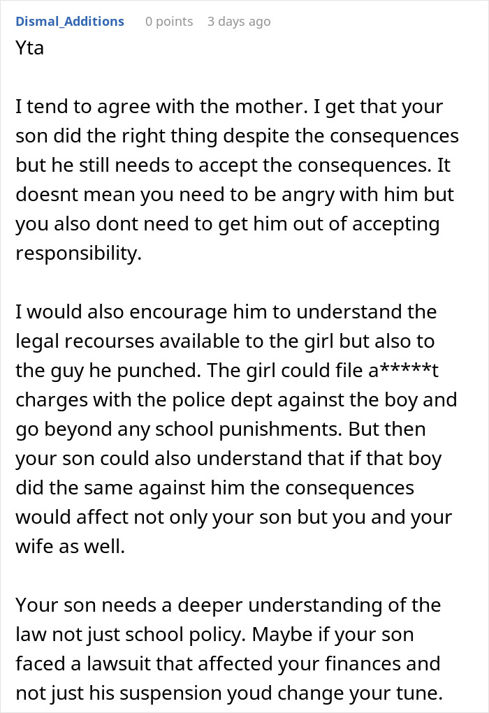 Comment discussing consequences and responsibilities after a dad takes son out to celebrate punching a bully.