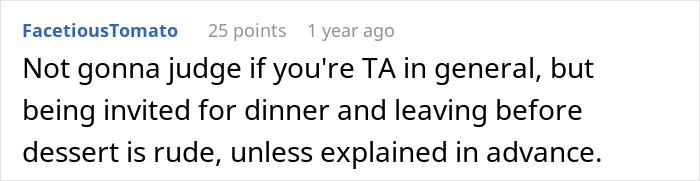 Screenshot of a Reddit comment discussing dinner etiquette related to leaving before dessert in a casual setting. Screenshot of a Reddit comment discussing dinner etiquette related to leaving before dessert in a casual setting.