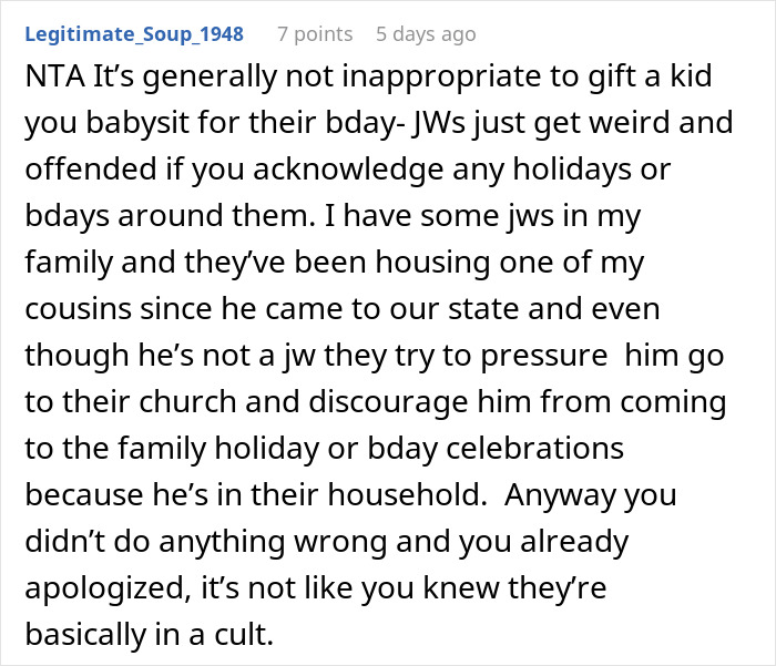 Comment discussing babysitter giving a birthday gift, cultural sensitivities, and a mother&rsquo;s upset reaction.