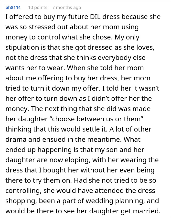 Screenshot of a Reddit comment about a woman confronting her mother-in-law’s manipulative control through a gift purchase. Screenshot of a Reddit comment about a woman confronting her mother-in-law’s manipulative control through a gift purchase.