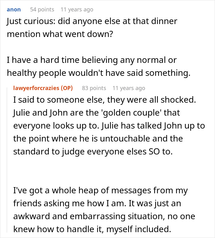 Screenshot of an online discussion highlighting a woman refusing to risk her new career over friends needing free advice.