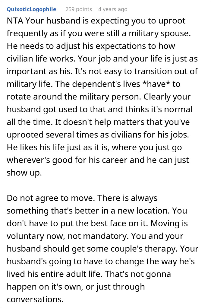 Screenshot of a Reddit comment discussing a woman refusing to move again after relocating for her husband&rsquo;s career.