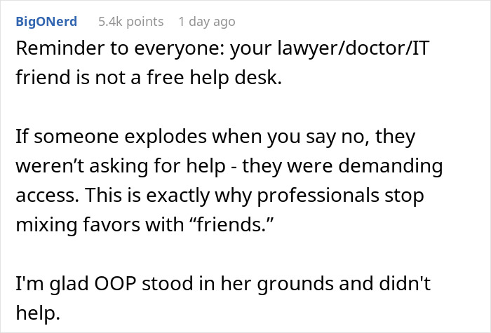 Screenshot of a discussion about a woman protecting her new career by refusing free advice to friends, revealing true colors.