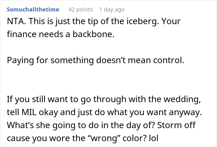 Reddit comment discussing a groom refusing marriage after mother dictates wedding attire control conflict.