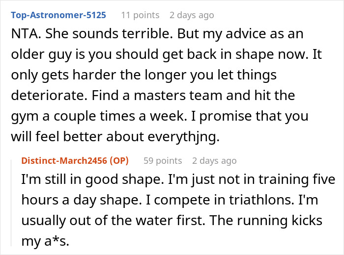 Screenshot of an online discussion about a woman demanding her swimmer boyfriend look like her friend’s partner.