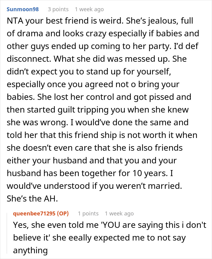 Reddit comment discussing a woman banning her best friend's baby and husband from her engagement party.