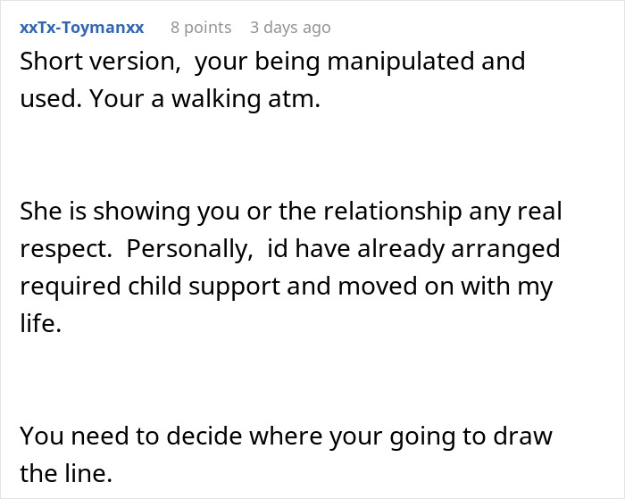 Screenshot of Reddit comment about a man feeling used as his GF's ATM, urging boundaries Screenshot of Reddit comment about a man feeling used as his GF's ATM, urging boundaries