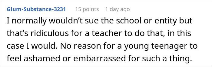 Screenshot of an online comment criticizing a teacher for ignoring a daughter's emergency and a mom's struggle to contain her rage. Screenshot of an online comment criticizing a teacher for ignoring a daughter's emergency and a mom's struggle to contain her rage.