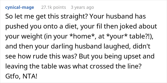 Screenshot of a social media comment about a man calling his daughter-in-law fat while her husband laughs and defends his father.