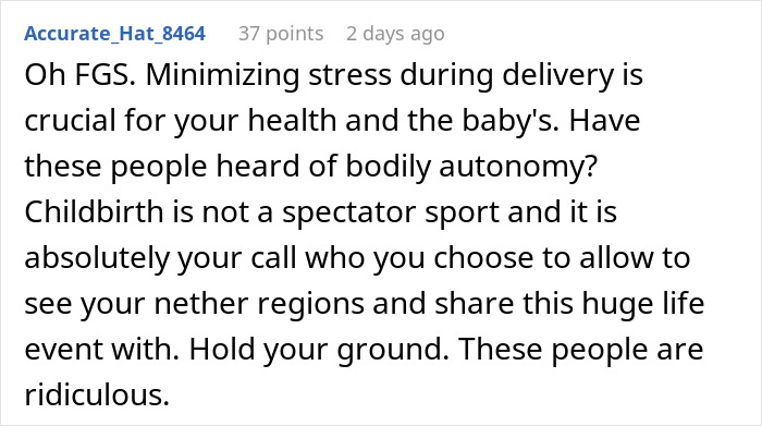 Comment about pregnant woman not wanting fianc&eacute;&rsquo;s mom in delivery room emphasizing bodily autonomy and childbirth choices.