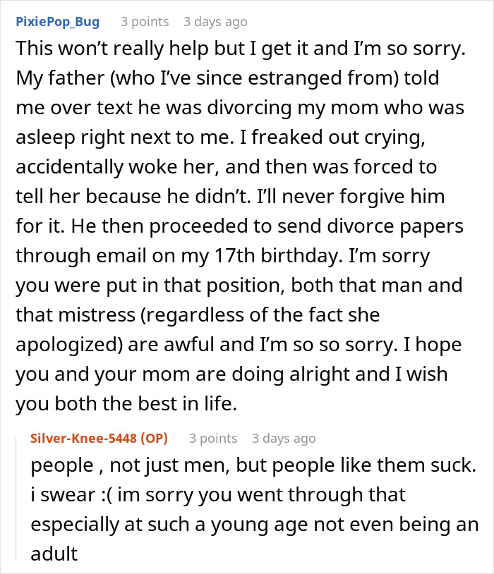 Text conversation revealing dad’s mistress texting adult daughter, exposing a months-long affair and devastating the mom on NYE. Text conversation revealing dad’s mistress texting adult daughter, exposing a months-long affair and devastating the mom on NYE.