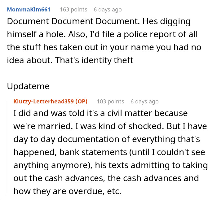 Screenshot of online conversation discussing financial issues caused by husband blaming SAHM wife, leading to divorce.