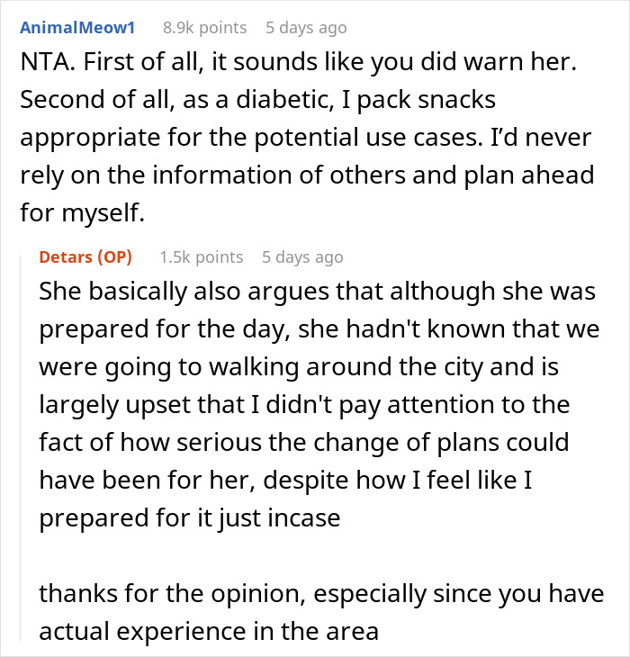 Comment thread discussing a diabetic woman upset at a friend for taking her on an unplanned walking trip without warning.