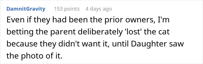 Comment discussing a lost cat’s survival and disputed ownership involving a scammy prior owner demanding the cat back.