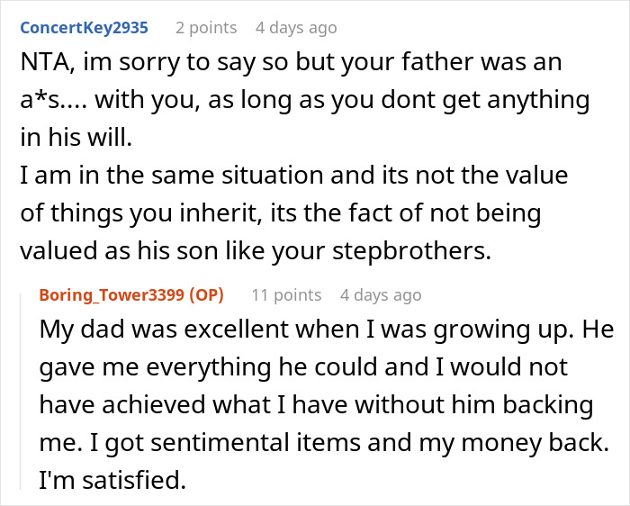 Reddit user discussing feelings about emptying fathers estate will and being valued compared to stepbrothers in an inheritance dispute.