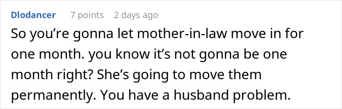 Comment discussing issues with mother-in-law moving in, highlighting problems with husband and relatives living together.