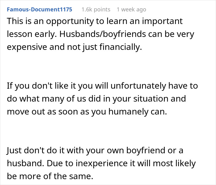 Text post discussing mom-boyfriend-food-drama highlighting financial and emotional costs in relationships and advice to move out early. Text post discussing mom-boyfriend-food-drama highlighting financial and emotional costs in relationships and advice to move out early.