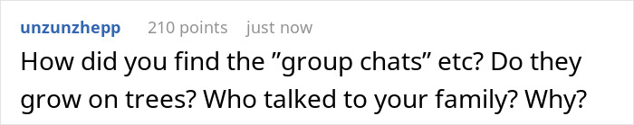 Screenshot of a comment asking about group chats and conversations involving family members in an online discussion. Screenshot of a comment asking about group chats and conversations involving family members in an online discussion.