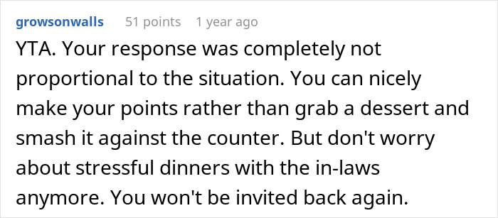 Comment discussing a disproportionate response at dinner and issues with in-laws, related to SIL holding couple hostage. Comment discussing a disproportionate response at dinner and issues with in-laws, related to SIL holding couple hostage.