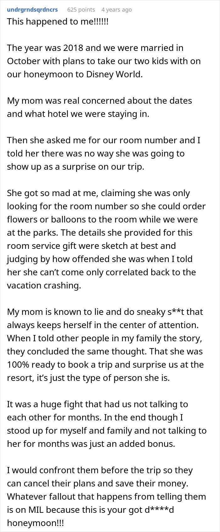 Text post describing a husband and parents coming honeymoon surprise causing family conflict over unexpected visit plans.
