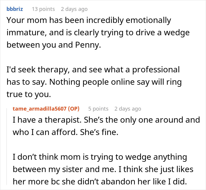 Reddit conversation about a mom blaming her daughter for siding with dad in the divorce and causing family conflict.